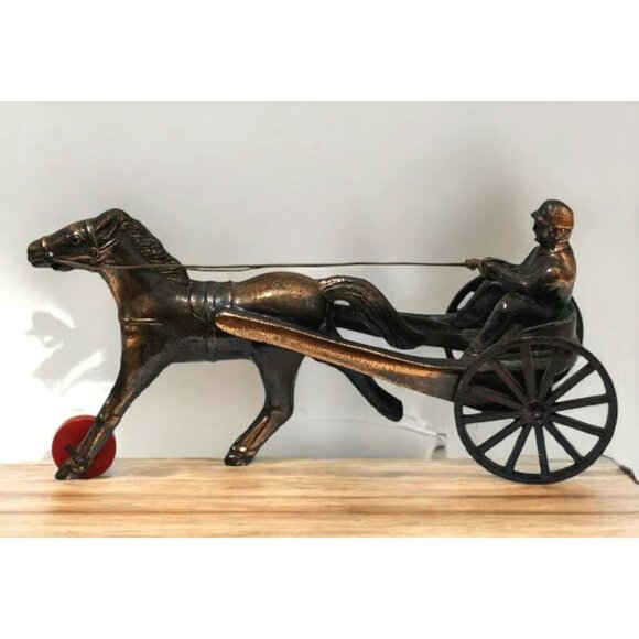 VTG Harness Racing Horse Jockey Sulky Cart Driver Copper Chariot Race Figurine - Picture 1 of 12